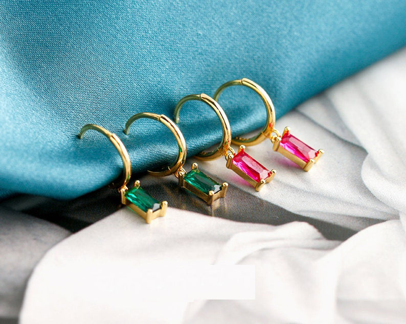Baguette Hoop Dangle Earrings • Gifts For Her • Minimalist Earrings In Sterling Silver