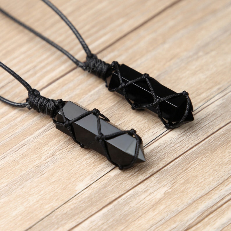 Products Black Obsidian Pendant Necklace-Obsidian Stone Hexagon Point Wrapped Necklace for Men-Obsidian Healing Crystal Necklace for Women