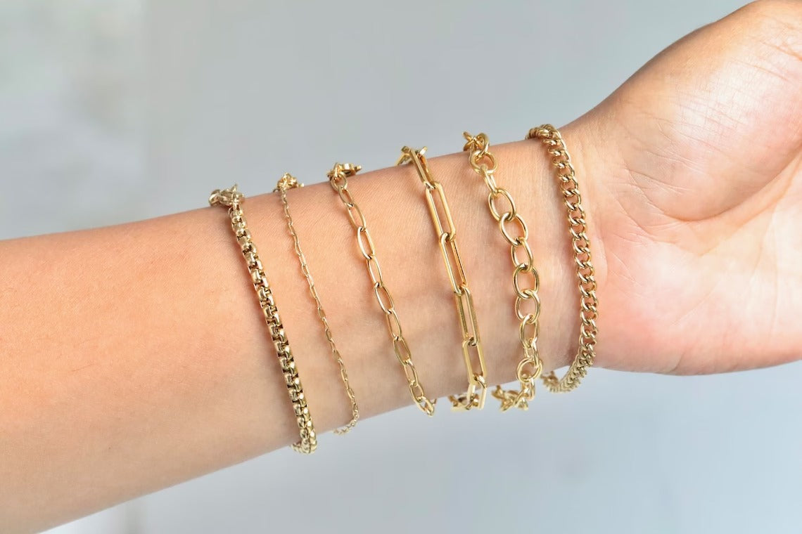 18k Gold Filled Link Chain Bracelet Set | Rectangle Paper Clip Chain Bracelets | Flat Curb Chain Bracelet | Dainty Gold Bracelets For Women