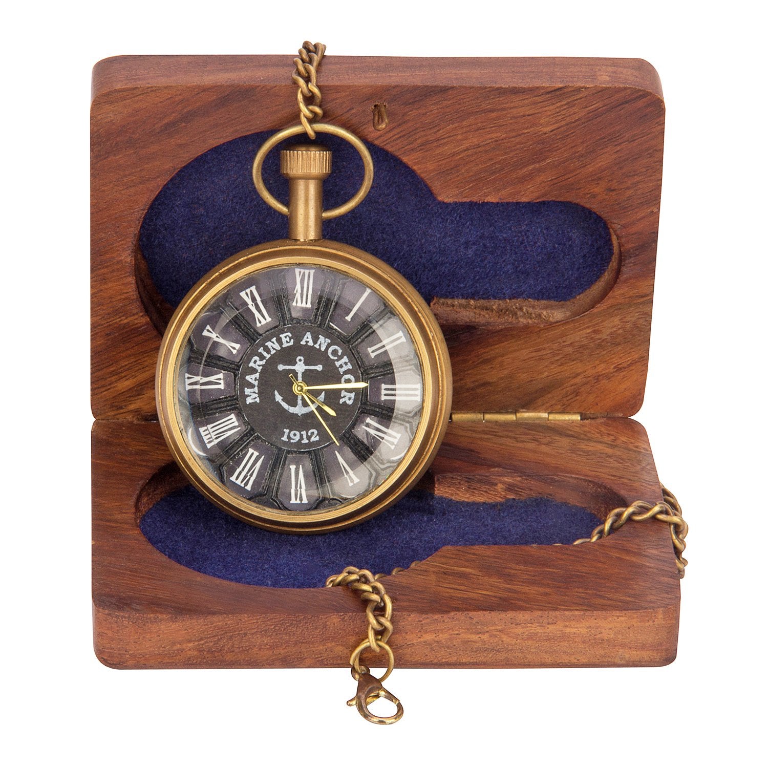 Classic gold-tone brass pocket watch for men with wooden box