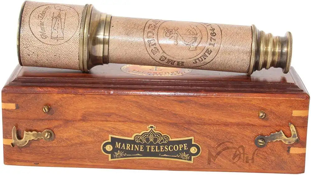 Engraved Nautical Pirate Spyglass Brass Antique Marine Telescope with wooden box