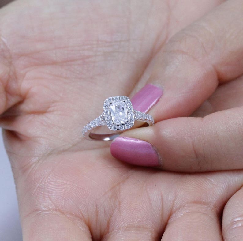 French Set Rectangle Halo 925 Sterling Silver Diamond Simulant CZ Engagement Ring Wedding Band