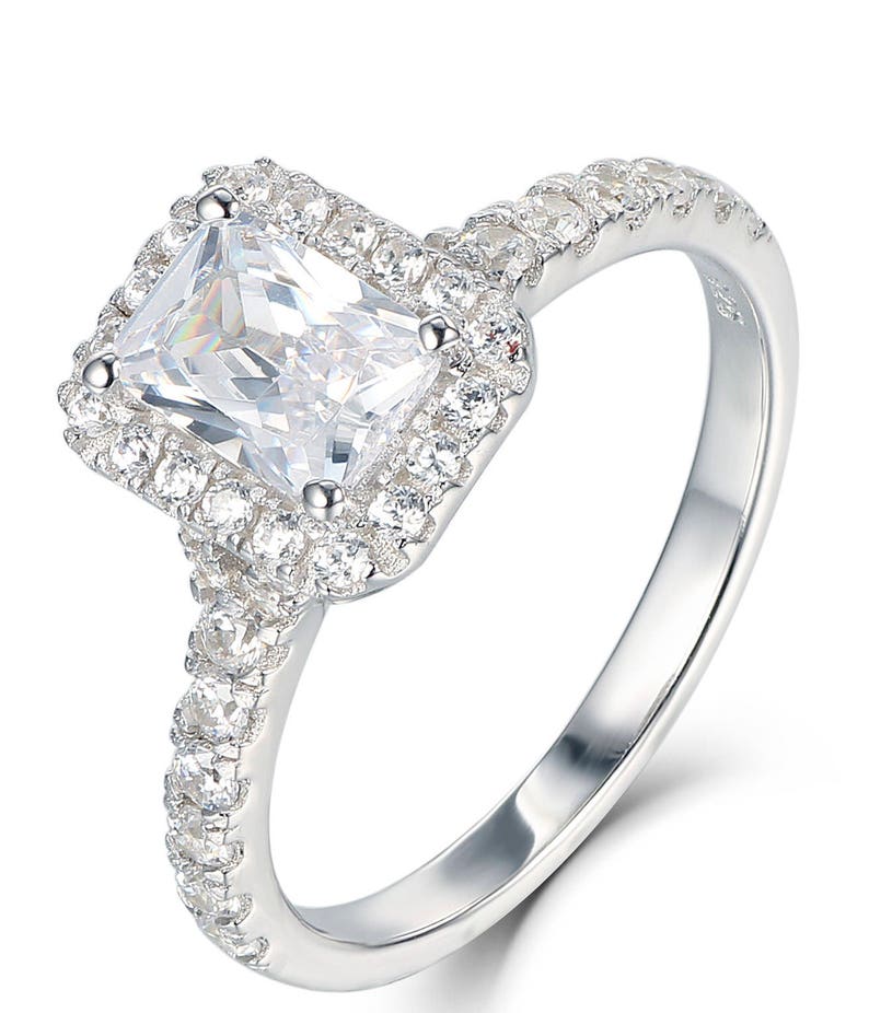 French Set Rectangle Halo 925 Sterling Silver Diamond Simulant CZ Engagement Ring Wedding Band