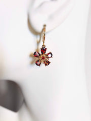 Garnet flower dangle earrings in 14k gold, red garnet flower drop earrings, January birthstone earrings, gift for mom, gift for her