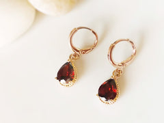 Garnet teardrop gemstone huggie dangle earrings, small red gemstone bezel earrings, gift for her, gift for daughter, January birthstone