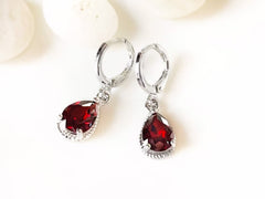 Garnet teardrop gemstone huggie dangle earrings, small red gemstone bezel earrings, gift for her, gift for daughter, January birthstone