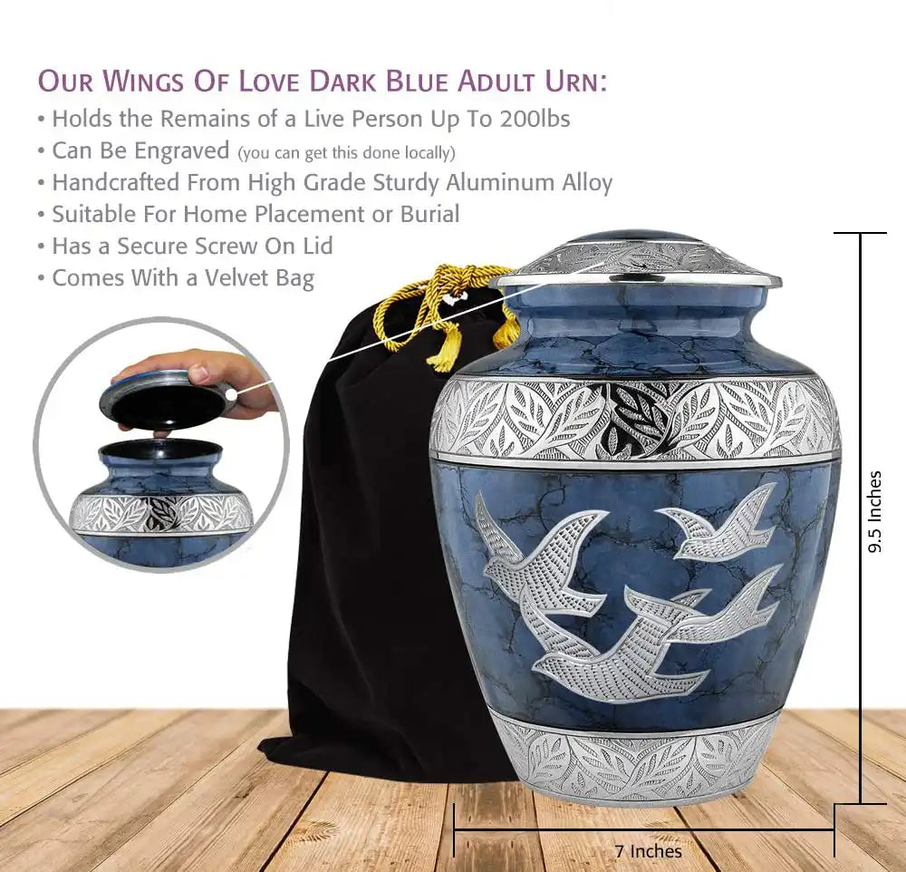 Handcrafted Dark Blue With Dove Urn for Ashes- Handcrafted Cremation Urn, Large Burial Urns for Ashes Adult Male - Urns for Human Ashes Adult Female, Funeral Decorative Urns - Up to 200 LBS