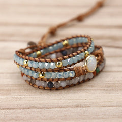 Healing Opal Protection Bracelet-Opal Stone Bead Meditation Bracelet-Natural Opal Moonstone Inspiring Bracelet-Leather Wrap Bracelet Gift