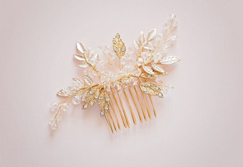 Gold Hair Comb, Gold Leaf Hair Comb, Silver Hair Comb, Gold headpiece, Gold leaf comb, Bridal hair comb, Prom Hair Comb, "Wendy"