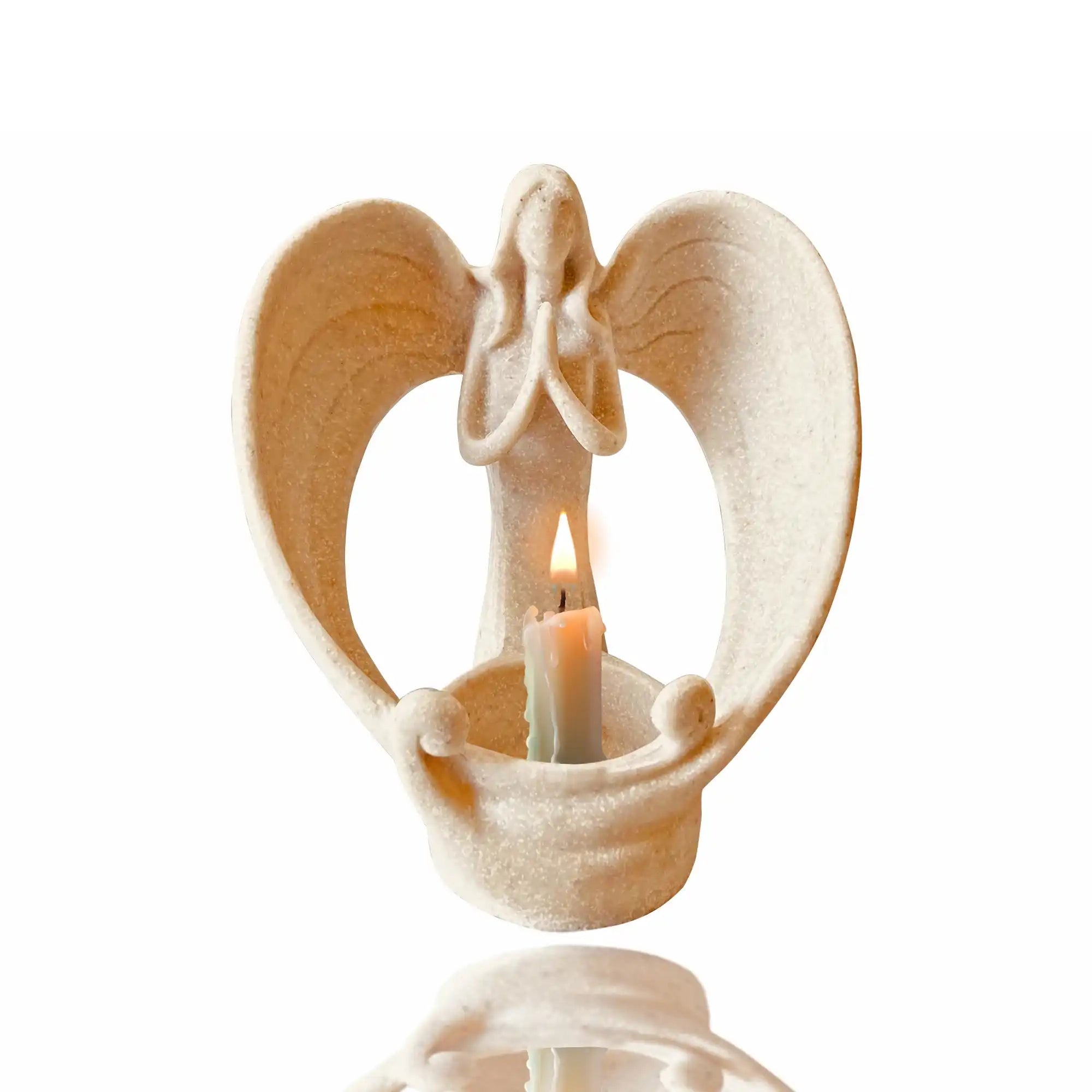 Memorial White Angel Wing Praying Sandstone Statue Angel Figurine Prayer Home Decoration Memorial LED Candle Holder