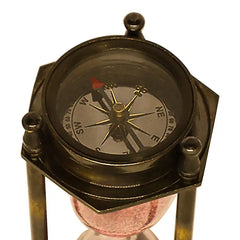 Nautical Antique Brass Hexagonal Sand Timer Old Clock Hourglass with Double Side Compass