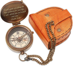 Psalm Engraved Compass with Authentic Leather Pouch, Religious Gifts - Christian Gifts, Baptism Gift, Graduation Gift, Inspirational Gifts for Men, Boys and Children