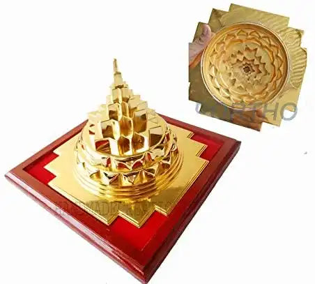 Swarna Chakra Panchdhatu Gold Plated Shree Yantra with Wooden Stand