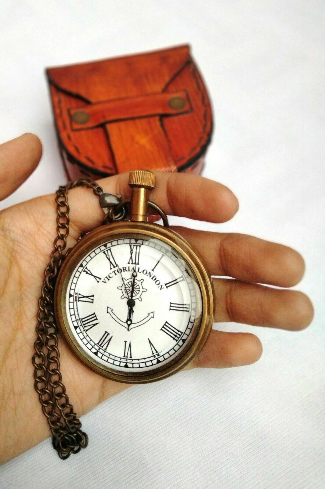 Antique Brass Pocket Watch With Chain or leather case