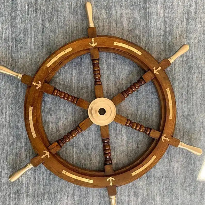 24" Wooden Brass pirate Ship Wheel Large Wooden Nautical Maritime Wall Decorative Ship Wheel Collectible Item