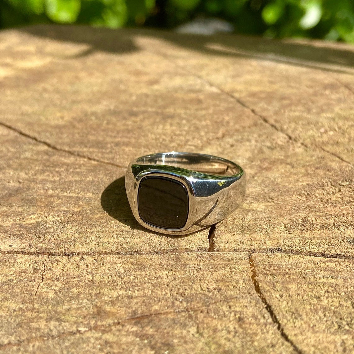 18K Stainless Steel Onyx Ring - Mens silver and black square signet ring - rings for men - unisex band ring - mens jewelry - mens jewellery