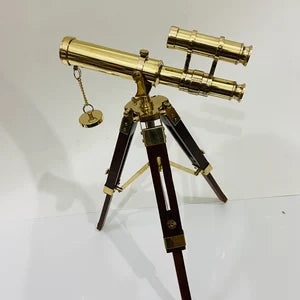 Nautical Brass Double Barrel telescope With Wooden Tripod Stand - Vintage Navy Ship Telescope - Marine Spy Glass telescope