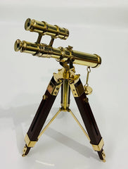 Nautical Brass Double Barrel telescope With Wooden Tripod Stand - Vintage Navy Ship Telescope - Marine Spy Glass telescope
